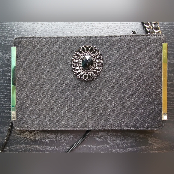 Kate Landry Handbags - Kate Landry Sparkly Black Clutch with Silver Brooch OS